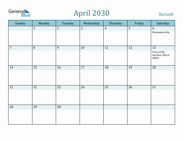 April 2030 Calendar with Holidays