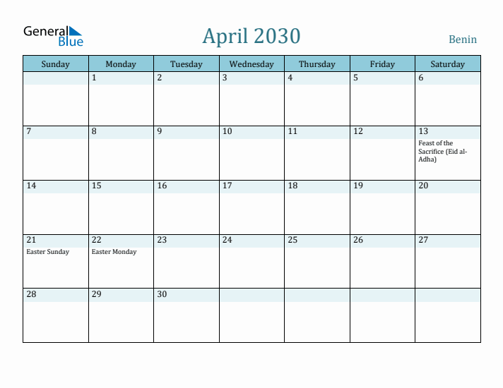 April 2030 Calendar with Holidays