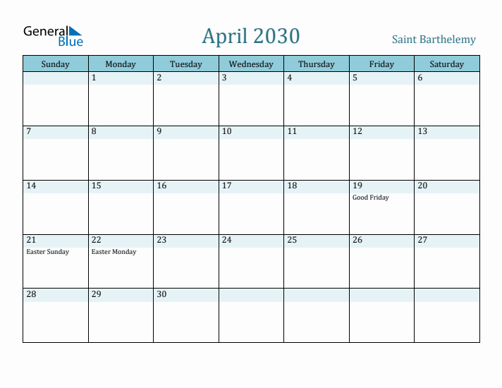 April 2030 Calendar with Holidays