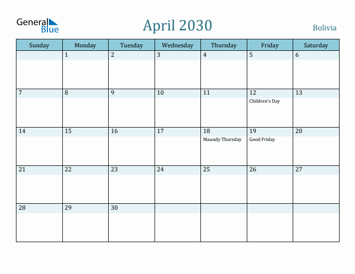 April 2030 Calendar with Holidays