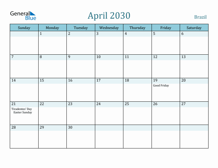 April 2030 Calendar with Holidays