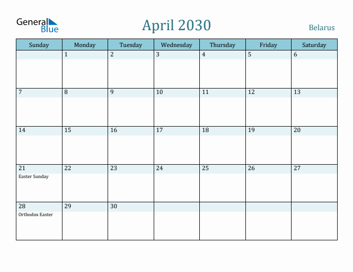 April 2030 Calendar with Holidays