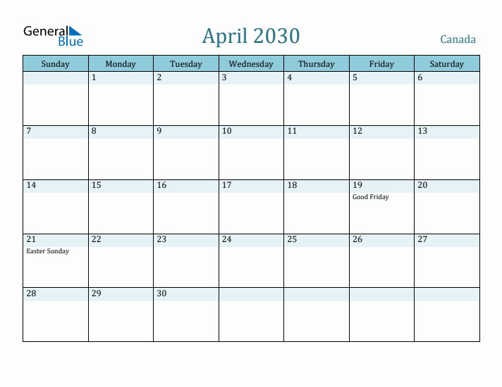 April 2030 Calendar with Holidays