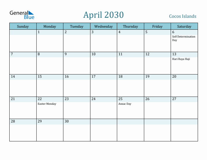 April 2030 Calendar with Holidays