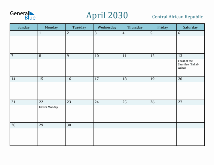 April 2030 Calendar with Holidays