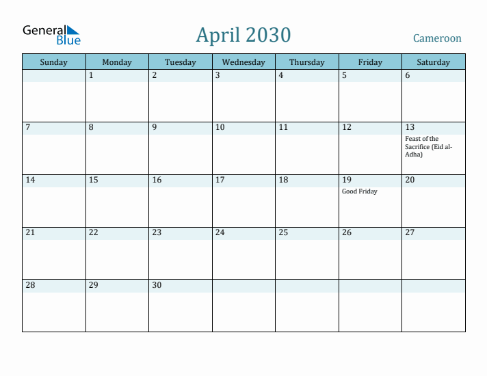 April 2030 Calendar with Holidays