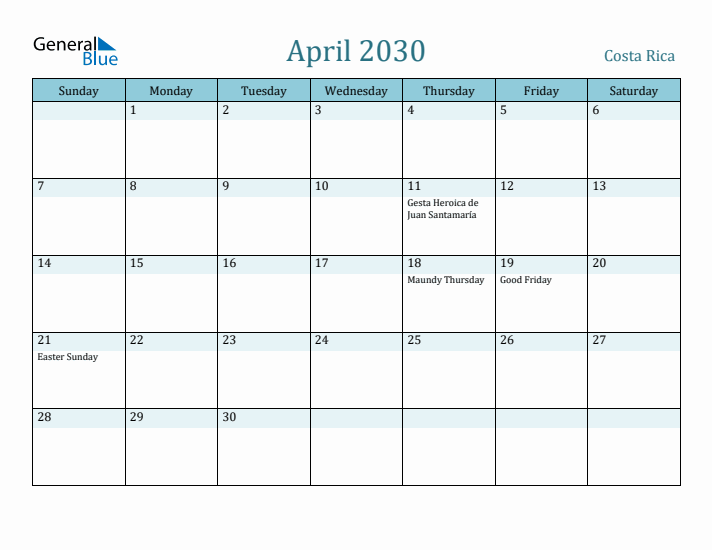 April 2030 Calendar with Holidays