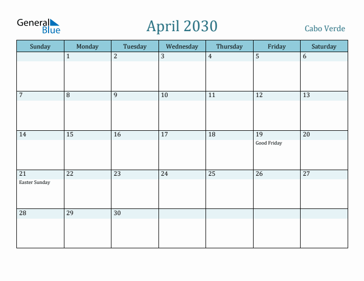 April 2030 Calendar with Holidays