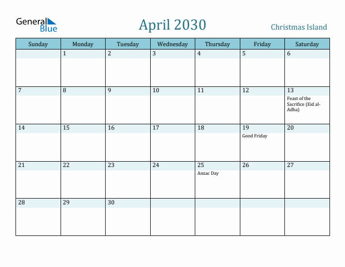 April 2030 Calendar with Holidays