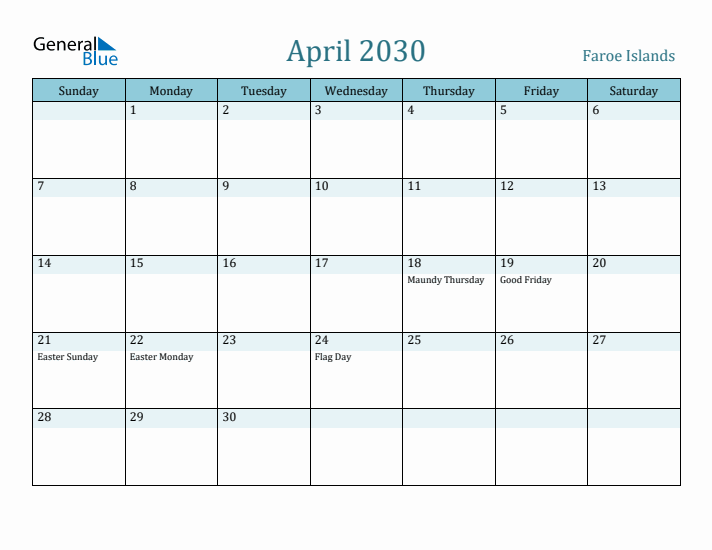 April 2030 Calendar with Holidays