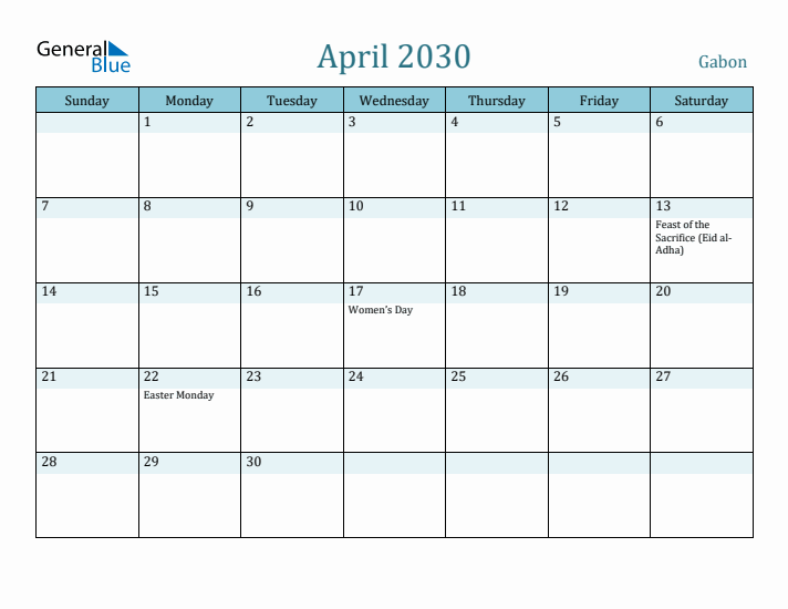 April 2030 Calendar with Holidays