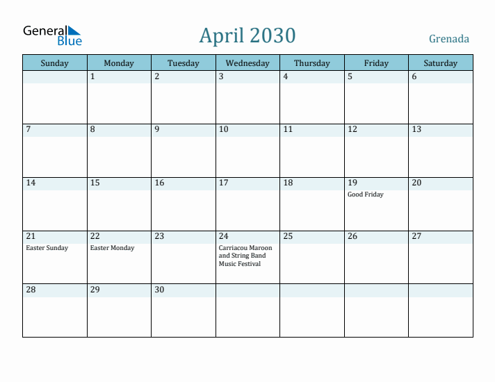 April 2030 Calendar with Holidays