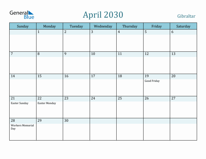 April 2030 Calendar with Holidays