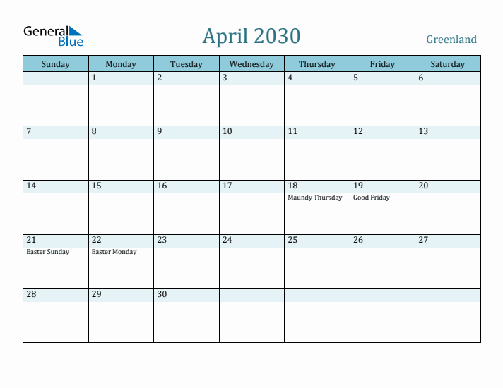 April 2030 Calendar with Holidays