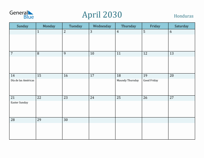 April 2030 Calendar with Holidays