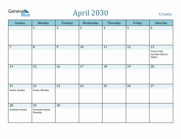 April 2030 Calendar with Holidays