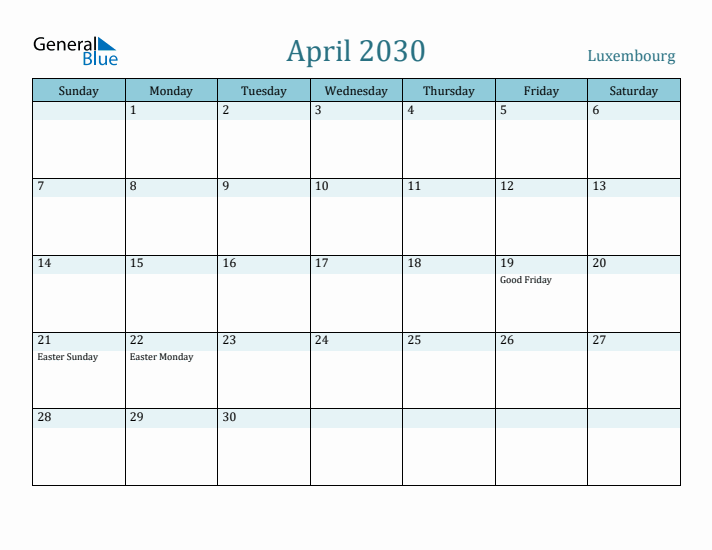 April 2030 Calendar with Holidays