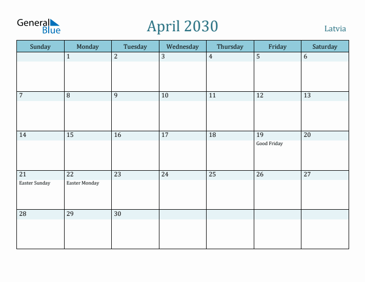 April 2030 Calendar with Holidays