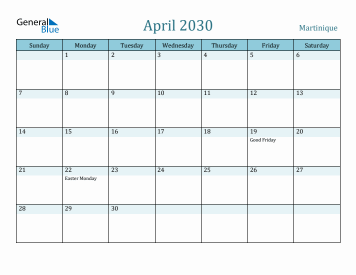 April 2030 Calendar with Holidays