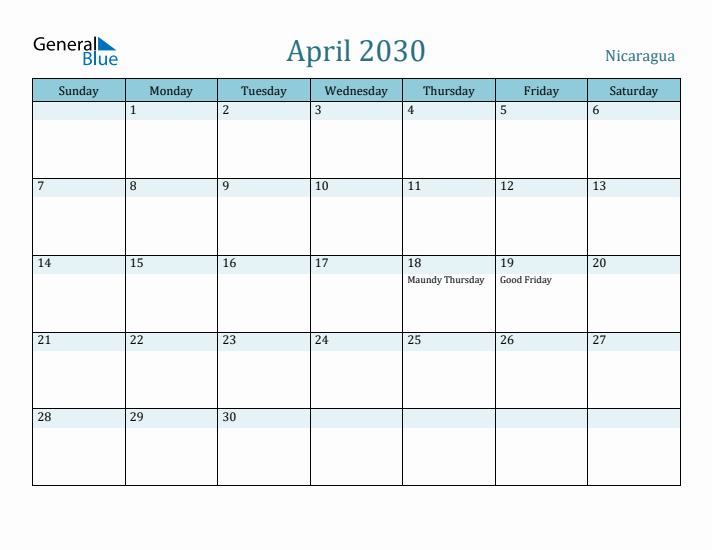 April 2030 Calendar with Holidays