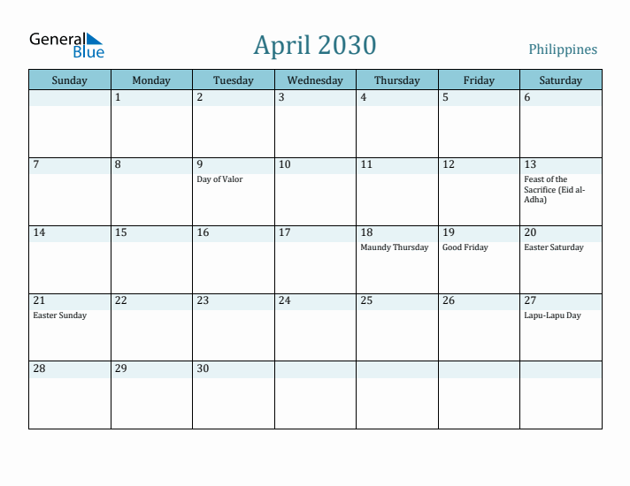 April 2030 Calendar with Holidays