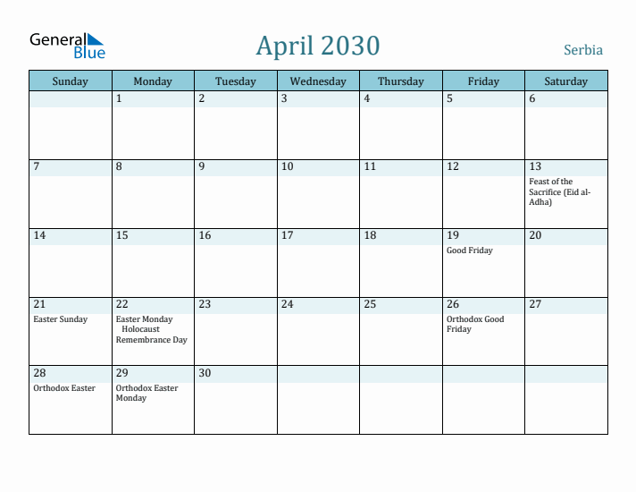 April 2030 Calendar with Holidays