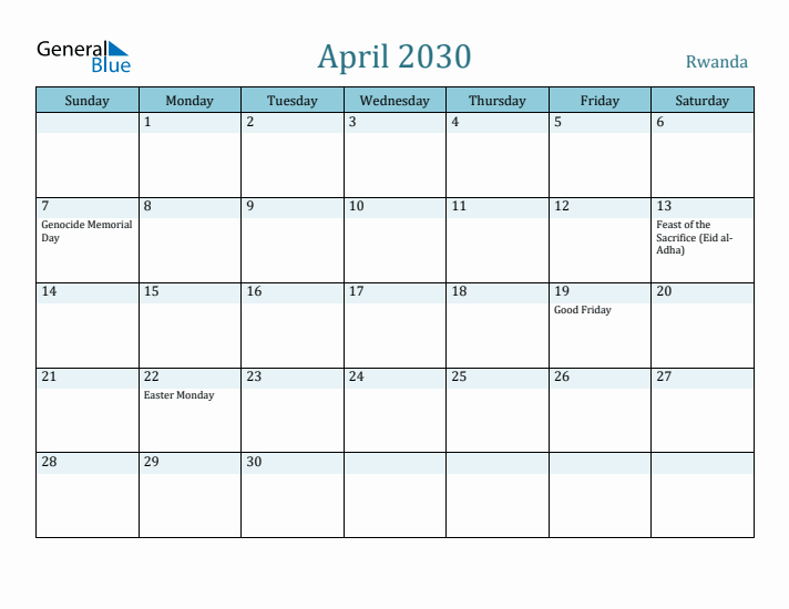 April 2030 Calendar with Holidays