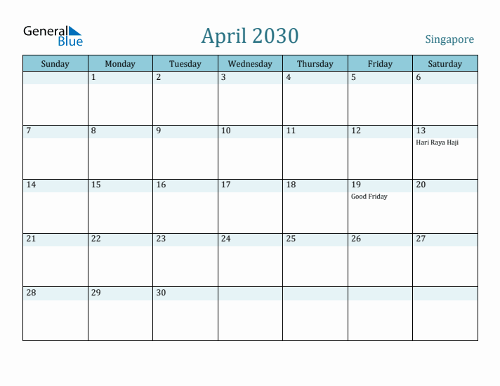 April 2030 Calendar with Holidays