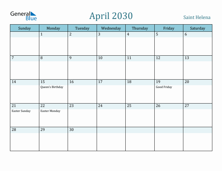 April 2030 Calendar with Holidays