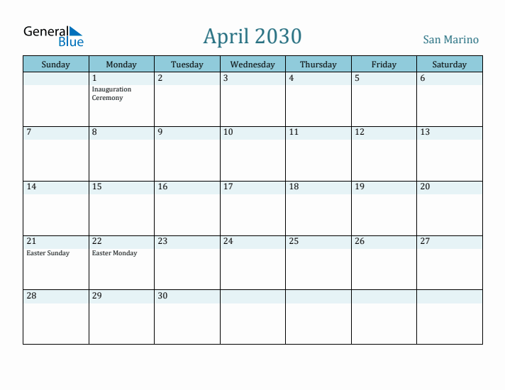 April 2030 Calendar with Holidays