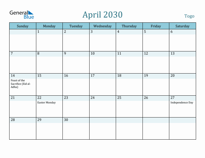 April 2030 Calendar with Holidays