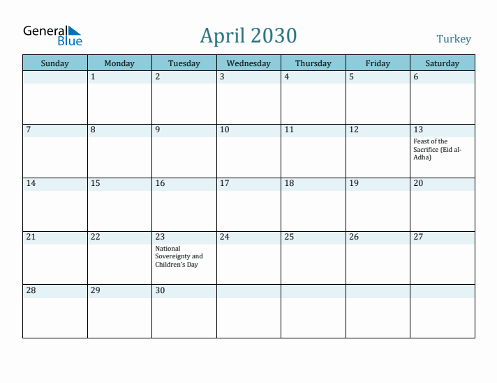 April 2030 Calendar with Holidays