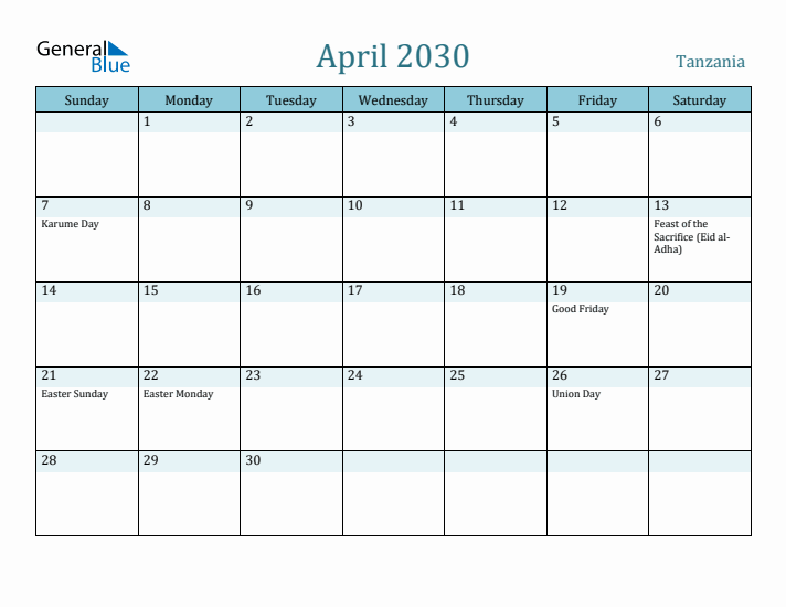 April 2030 Calendar with Holidays