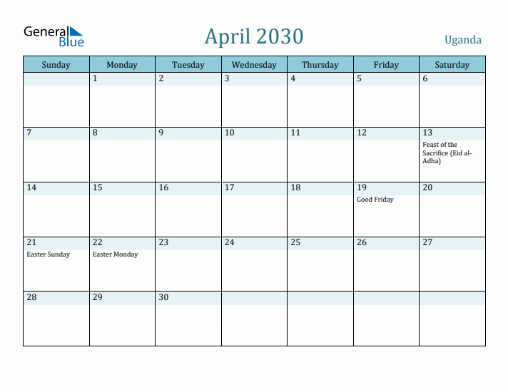 April 2030 Calendar with Holidays