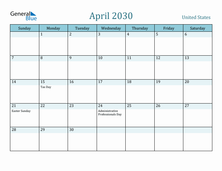 April 2030 Calendar with Holidays