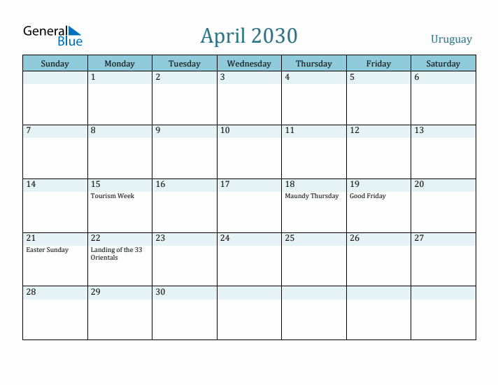 April 2030 Calendar with Holidays