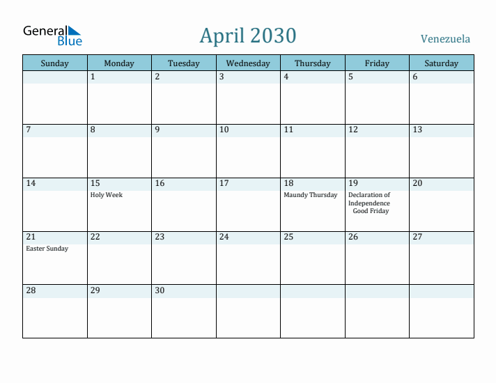 April 2030 Calendar with Holidays