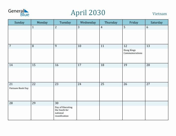 April 2030 Calendar with Holidays