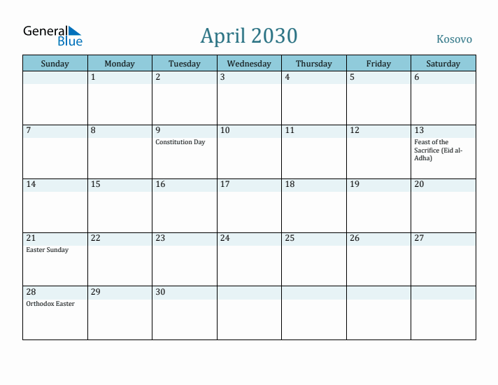 April 2030 Calendar with Holidays