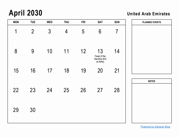 April 2030 Printable Monthly Calendar with United Arab Emirates Holidays