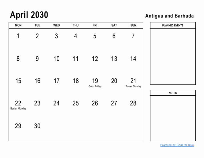 April 2030 Printable Monthly Calendar with Antigua and Barbuda Holidays