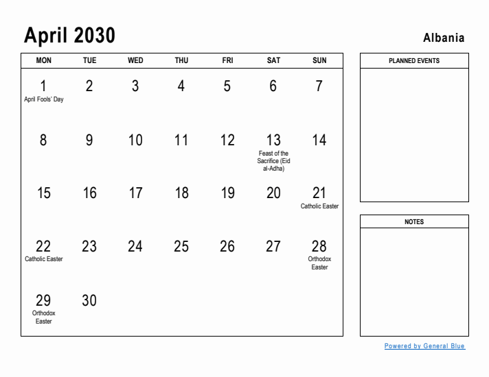 April 2030 Printable Monthly Calendar with Albania Holidays