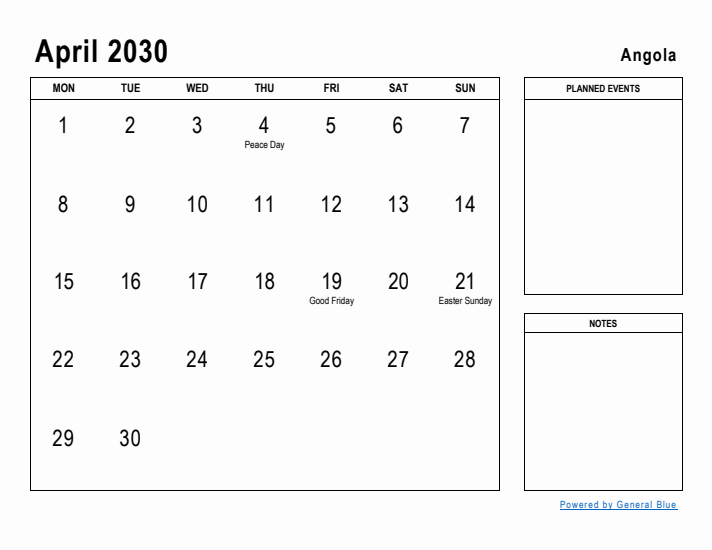 April 2030 Printable Monthly Calendar with Angola Holidays