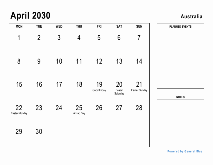 April 2030 Printable Monthly Calendar with Australia Holidays