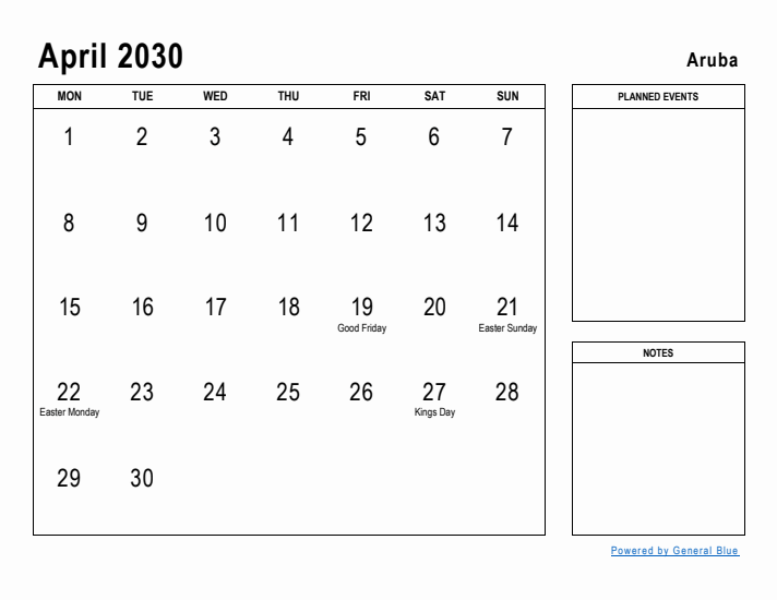 April 2030 Printable Monthly Calendar with Aruba Holidays