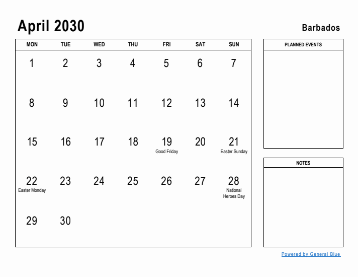 April 2030 Printable Monthly Calendar with Barbados Holidays