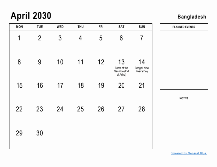 April 2030 Printable Monthly Calendar with Bangladesh Holidays