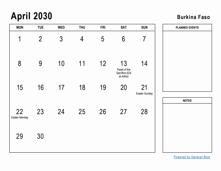 April 2030 Printable Monthly Calendar with Burkina Faso Holidays