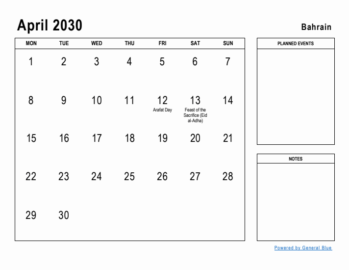 April 2030 Printable Monthly Calendar with Bahrain Holidays