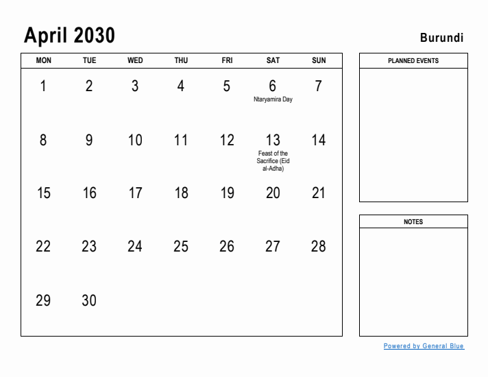 April 2030 Printable Monthly Calendar with Burundi Holidays